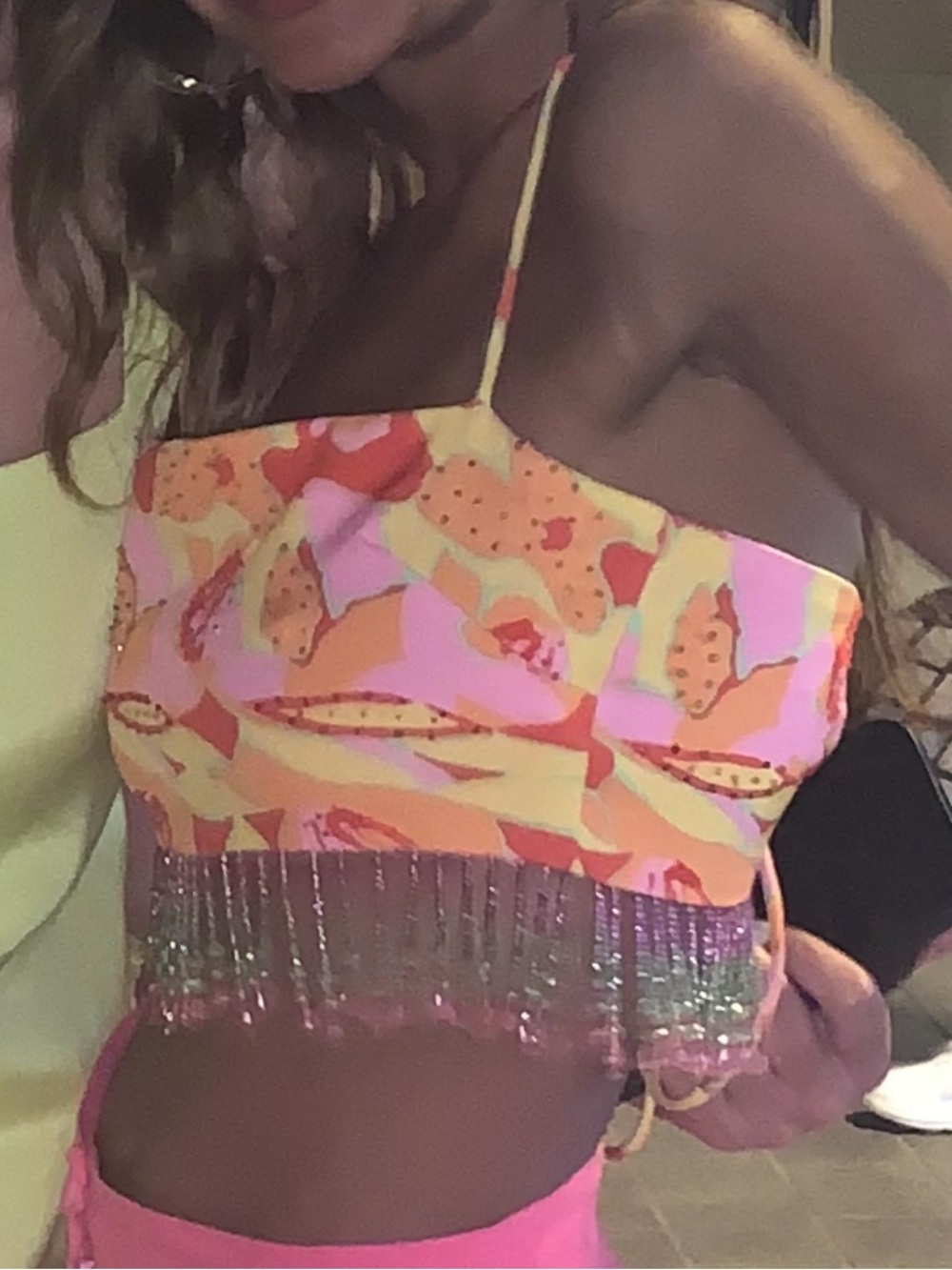 Show Me Your MuMu Pink Orange Yellow Floral Beaded Fringe Crop Top